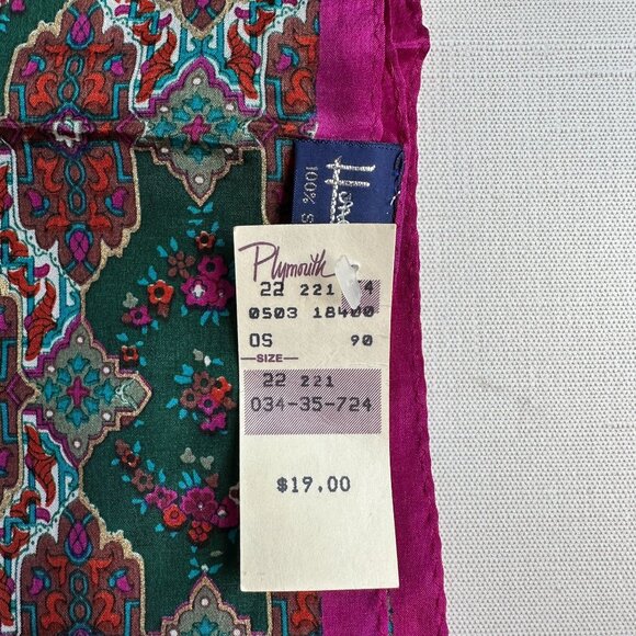 Vintage Silk Scarf Honey NWT 10x50, Geometric Floral Print, Fuchsia Green Red - Picture 6 of 10